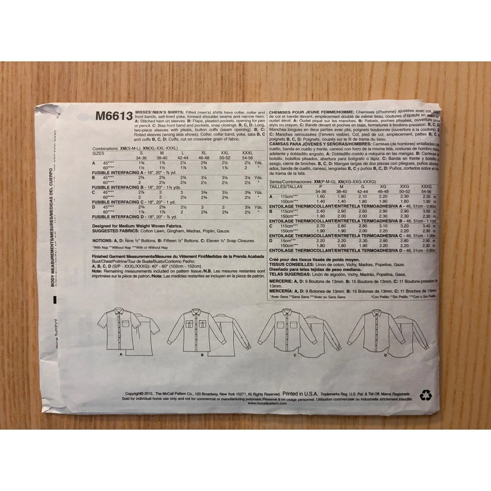 McCalls M6613 Palmer Pletsch Mens Misses Fitted Shirt Sewing Pattern Size S-M-L